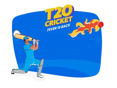 T20 kriket ateşi geri geldi. Vurucu, mavi ve beyaz arka planda atış topuna vuruyor..