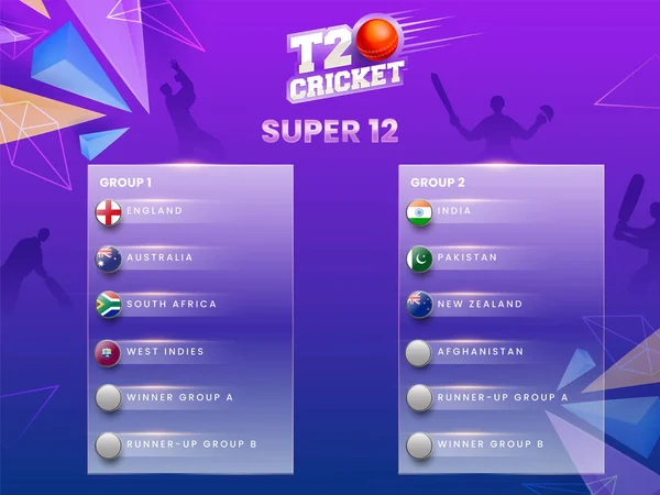 T20 Cricket Super Группа Первый Второй Список Фиолетовый Силуэт Игроков — стоковый вектор