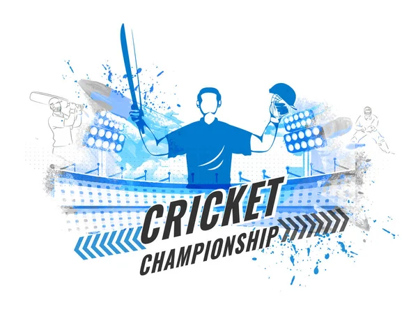 Концепція Чемпіонату Крикету Безликим Гравцем Виграшній Позі Абстрактному Стадіоні — стоковий вектор