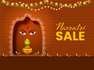 Navratri Satış Posteri Tasarımı: Tanrıça (Devi Maa) Face, Lit Oil Lambaları (Diya) ve Kahverengi Zig Zag Hatları Üzerine Tapma Tenceresi (Kalash).