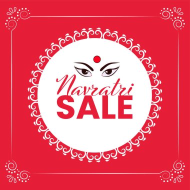 Navratri İndirimli Poster Tasarımı: Tanrıça (Devi) Gözler Beyaz ve Kırmızı Arkaplanda.