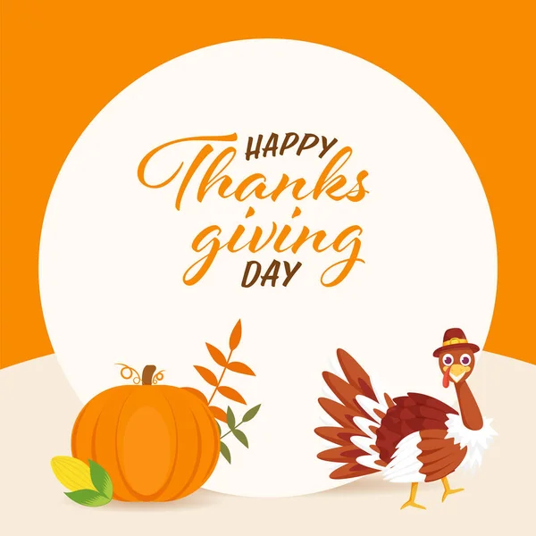 Szczęśliwego Święta Dziękczynienia Koncepcja Kreskówki Turcja Ptak Dynia Kukurydza Pomarańczowym — Wektor stockowy
