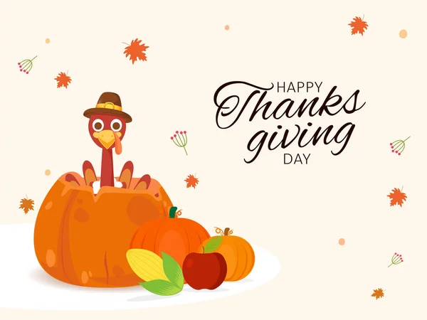 Happy Thanksgiving Day Schrift Mit Cartoon Truthahn Vogel Kürbisse Apfel — Stockvektor