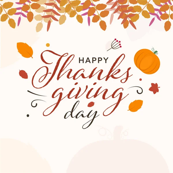 Happy Thanksgiving Day Font Pumpkins Autumn Leaves White Background — Stock Vector