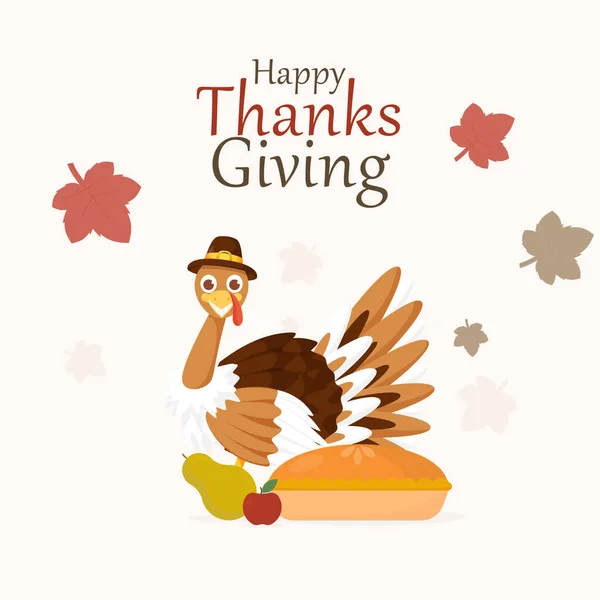 Happy Thanksgiving Poster Design Turkey Bird Character Pie Cake Fruit — стоковий вектор