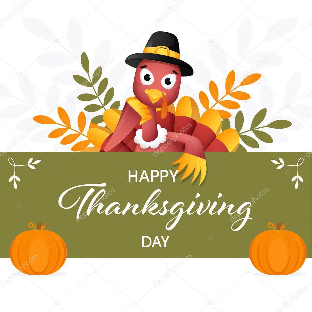 Happy Thanksgiving Day Concept With Cartoon Turkey Bird, Pumpkins And Leaves On White And Green Background.