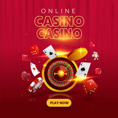 Çevrimiçi Kumarhane Oyunu 3D Rulet Tekerleği, Altın Bozukluklar, Poker Fişleri, Zar ve Kırmızı Arkaplanda Kartlar.