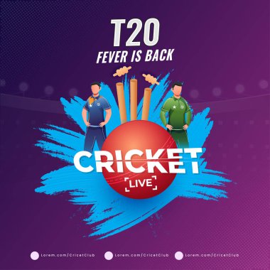 Cricket Live T20 Fever, Meçhul Kriket oyuncusu, 3D top, Wicket Stump ve Mor Arkaplan Üzerinde Mavi Fırça Efekti.