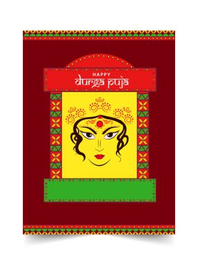 Renkli arkaplanda Tanrıça Durga Maa yüzlü Mutlu Durga Puja Yazı Tipi.