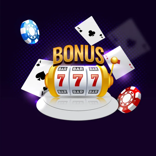 Золотой Бонус Игровым Автоматом Играющими Карты Покерные Фишки Фиолетовом Фоне — стоковый вектор