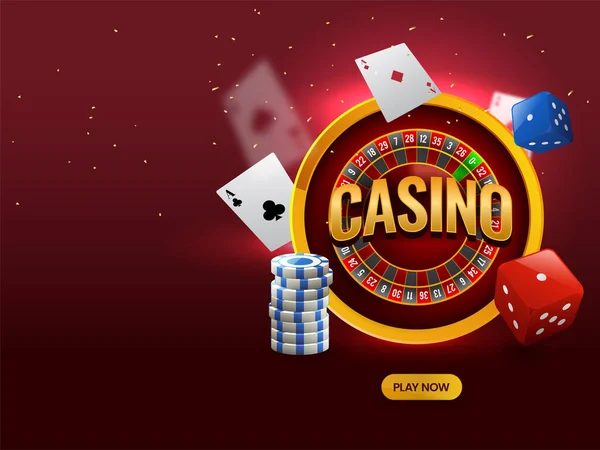 Golden Casino Roulette Wiel Met Dice Poker Chips Speelkaarten Rode — Stockvector