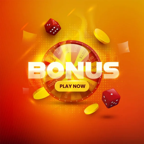 Bonus Text Fortune Wheel Golden Coins Dices Orange Halftone Effect — 스톡 벡터