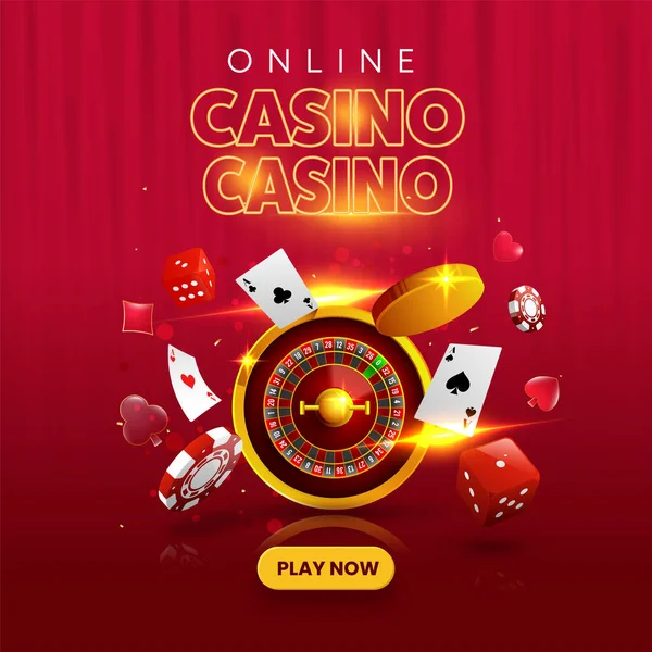 Online Casino Play Now Concept Roulette Wheel Golden Coins Poker — 스톡 벡터