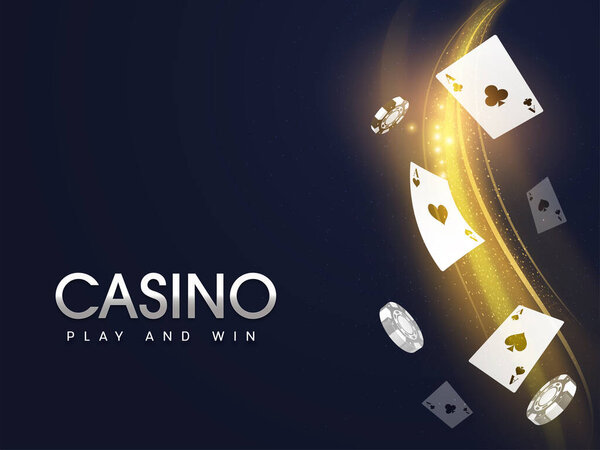 Casino Play And Win Concept With Flying Ace Cards, Realistic Poker Chips And Golden Particles Wave On Blue Background.