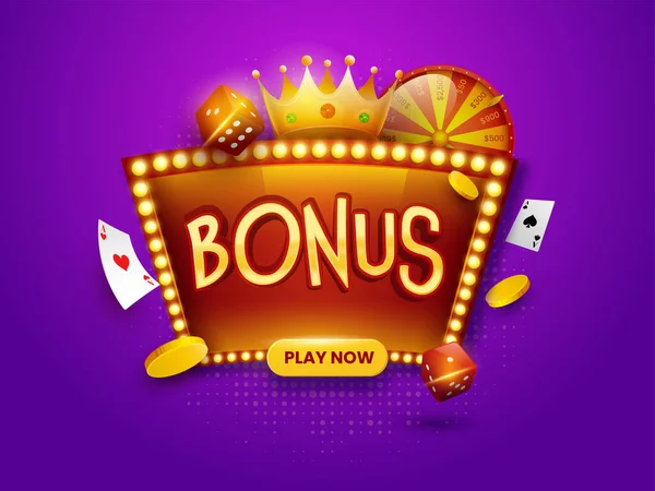 Golden Bonus Text Marquee Frame Crown Coins Dice Playing Cards — Stock Vector