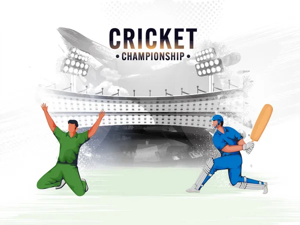 Concept Championnat Cricket Avec Batteur Bande Dessinée Joueur Bowler Sur — Image vectorielle