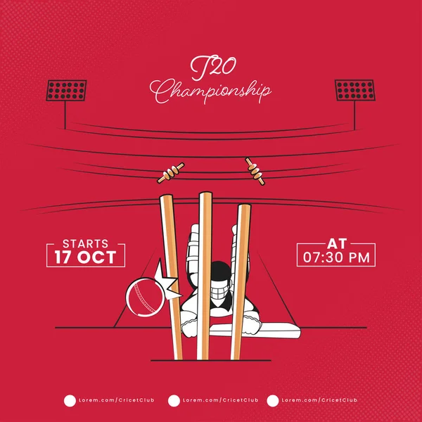 T20板球锦标赛的概念与跑出的蝙蝠侠或非前锋在红色游乐场的观点 — 图库矢量图片