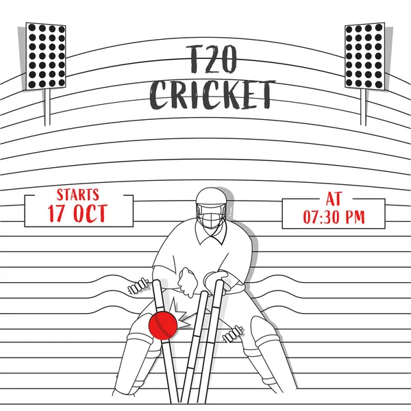 T20 Cricket Poszter Tervezés Vonal Art Wicket Keeper Hit Ball — Stock Vector