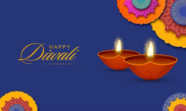带现实点滴油灯 Diya 的快乐Diwali庆祝概念与蓝色背景的叠叠纸Mandala图案 — 图库矢量图片