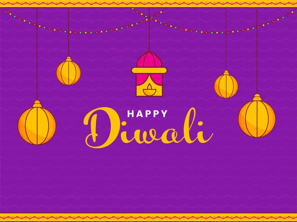 Happy Diwali Font Lantern Baubles Hang Purple Zigzag Lines Background — Stock Vector