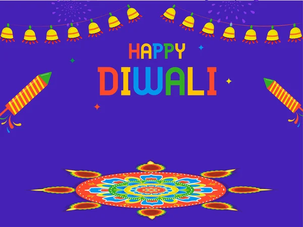 Barevné Happy Diwali Text Ohňostrojem Rakety Rangoli Nebo Mandala Vzor — Stockový vektor