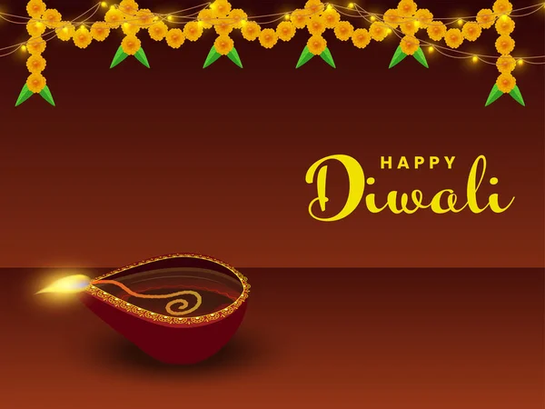 Happy Diwali Font Met Realistische Verlichte Olielamp Diya Verlichting Bloemenslinger — Stockvector