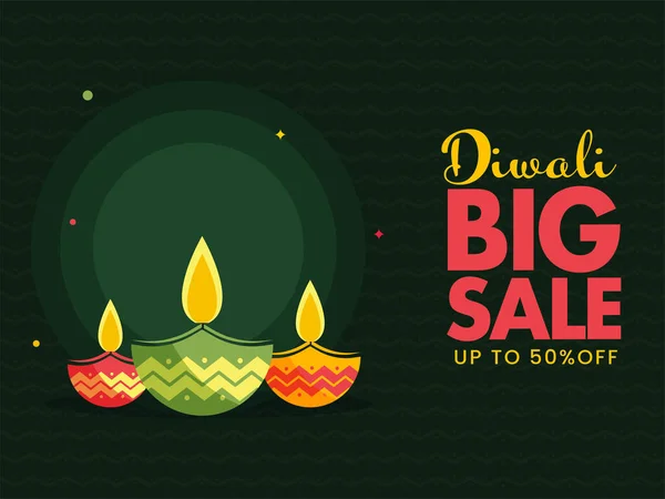为Diwali大型销售海报设计配上绿色发光油灯 Diya 最高可获半价优惠 — 图库矢量图片
