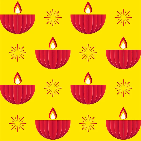 Red Paper Cut Lit Oil Lampen Diya Vuurwerk Gele Achtergrond — Stockvector