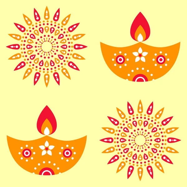 Этнические Ранголи Цветочные Зажигательные Масляные Лампы Diya Желтом Фоне — стоковый вектор