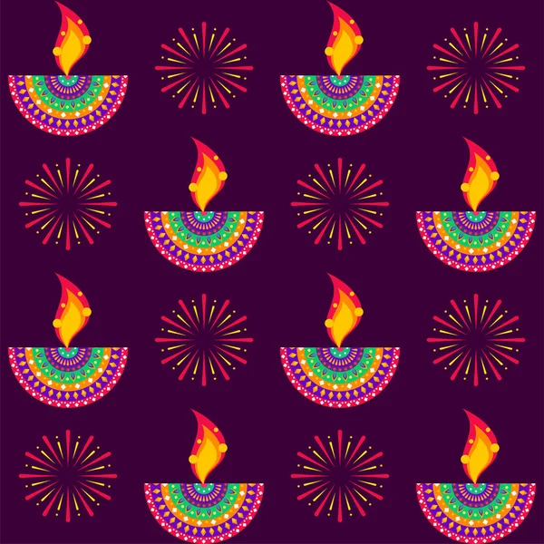 Традиційні Lit Oil Lamps Diya Fireworks Pattern Background — стоковий вектор