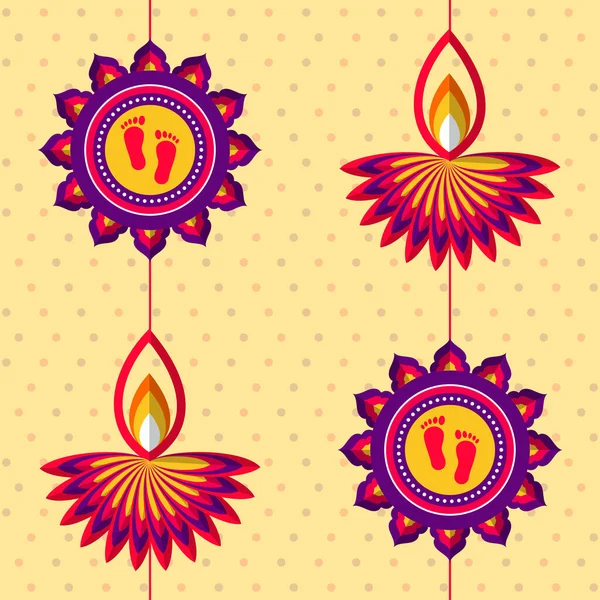 Empreinte Déesse Sur Mandala Rangoli Lampes Huile Allumées Diya Accrocher — Image vectorielle