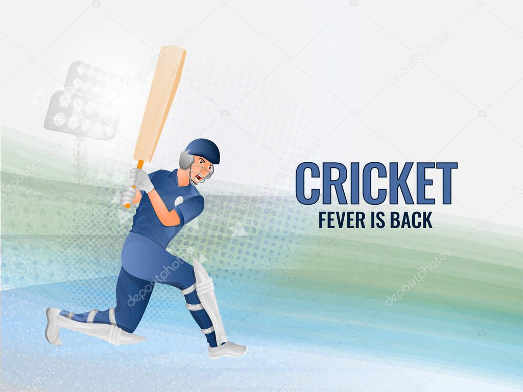 Cricket Fever Is Back Concept With Batsman Character In Playing Pose On Abstract Stadium Background.