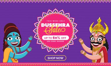 % 60 'a varan indirimli Dussehra Bayrak Tasarımı: Neşeli Lord Rama ve Şeytan Ravana King Karakteri.