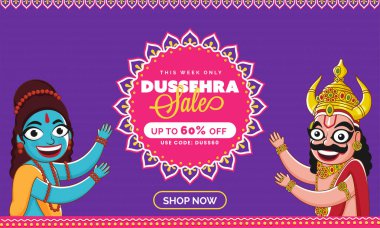 UP TO 60% Off For Dussehra Sale Banner Design With Cheerful Lord Rama And Demon Ravana King Character. clipart