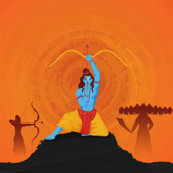 Индуистская Мифология Lord Rama Fighting Ravana Orange Jay Shri Rama — стоковый вектор