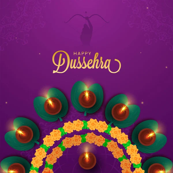 Golden Happy Dussehra แบบอ กษรท มมองด านบนของโคมไฟน Diya เหน Apta — ภาพเวกเตอร์สต็อก