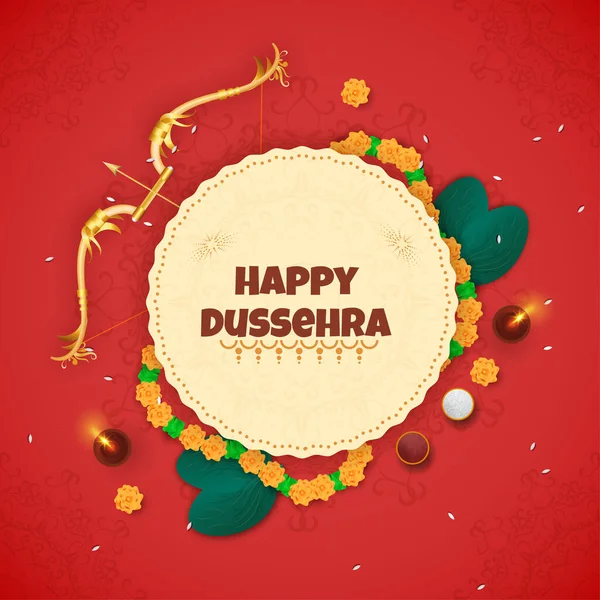 Happy Dussehra Font Circular Frame Decorated Floral Garland Golden Bow — Stock Vector