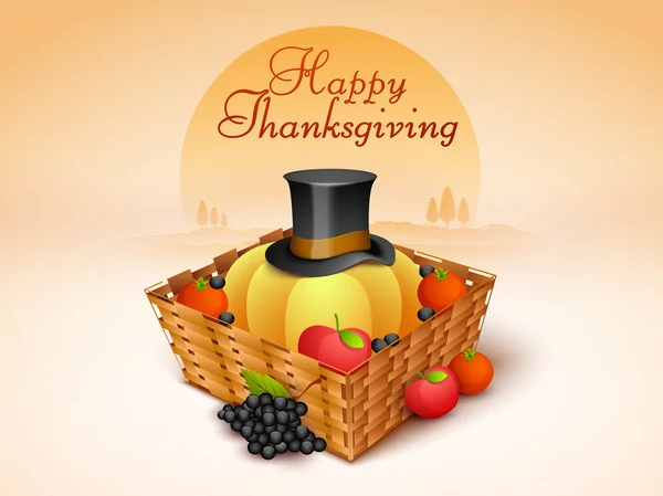 Thanksgiving Day viering met groenten, fruit en pilgrim hoed in — Stockvector