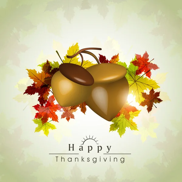 Thanksgiving day celebration with acorn fruits and maple leaf. — Stock Vector