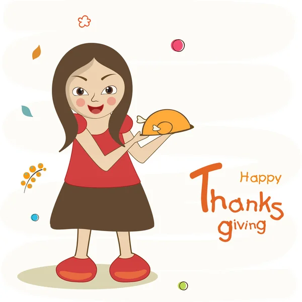 Celebración del día de Acción de Gracias con comida y linda chica . — Vector de stock