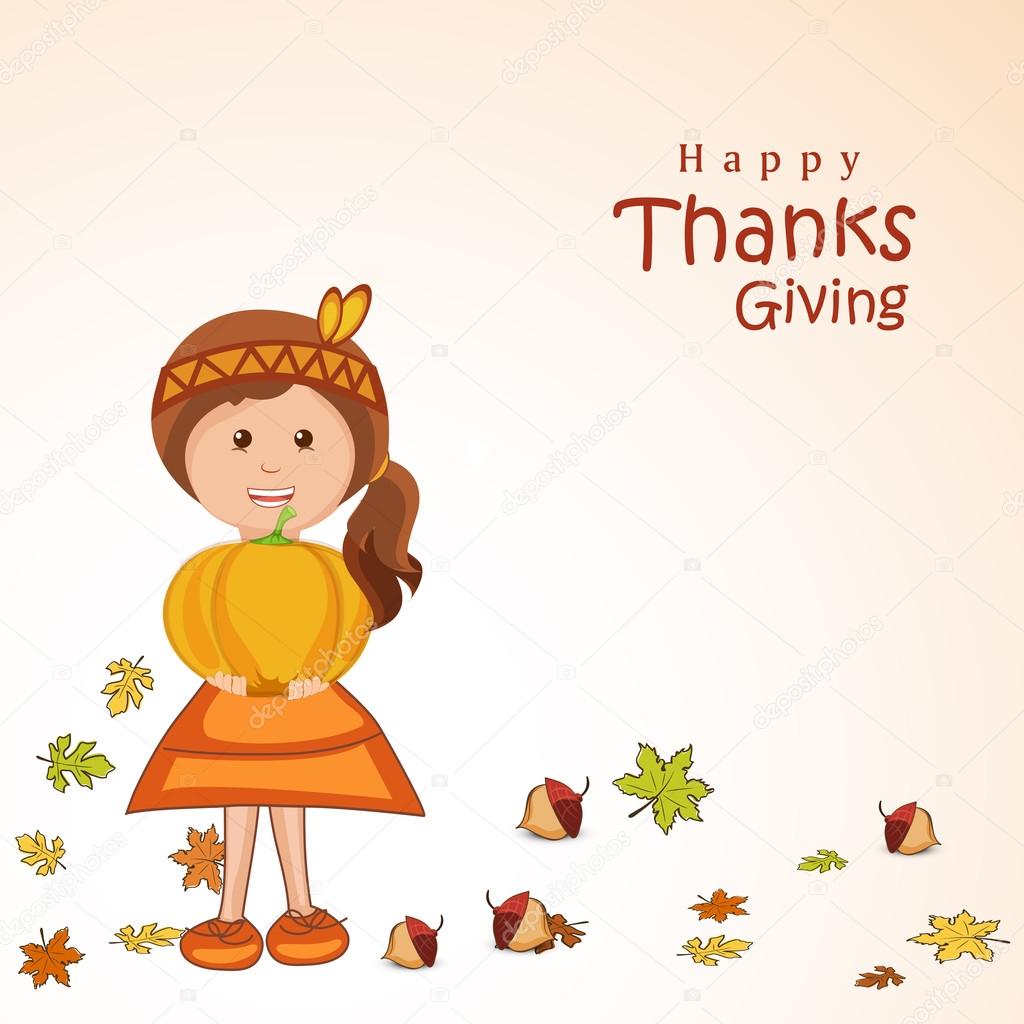 Thanksgiving day celebration with little cute girl holding a pum