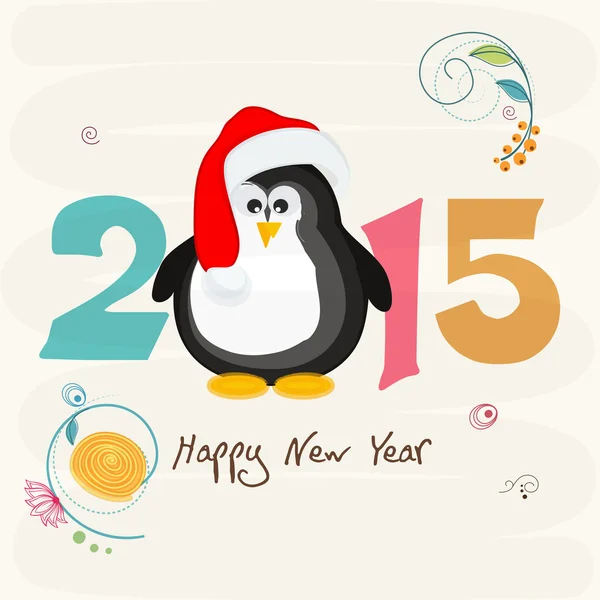 Nieuwjaar vieringen wenskaart design met pinguïn. — Stockvector