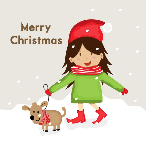 Merry Christmas celebration with cartoon of girl and puppy. — Stock Vector