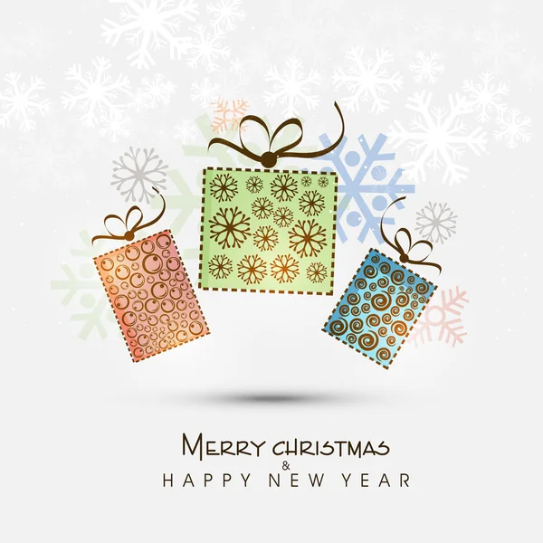Feliz Navidad y Feliz Año Nuevo cartel con regalos . — Vector de stock