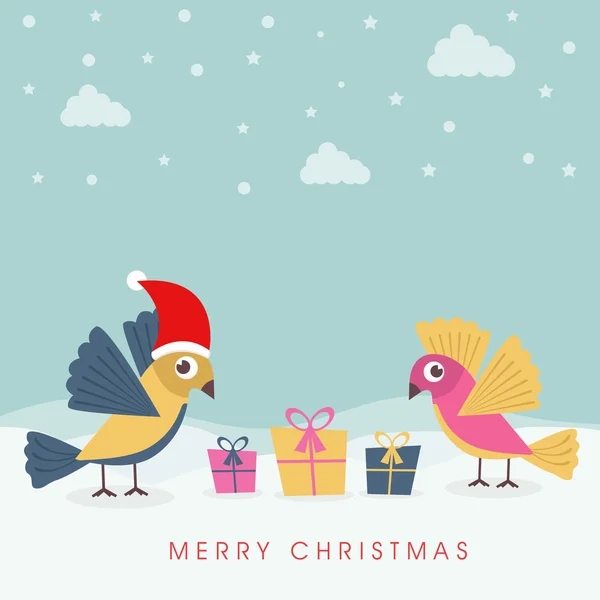 Merry Christmas celebration poster with gift and love bird. — Stock Vector