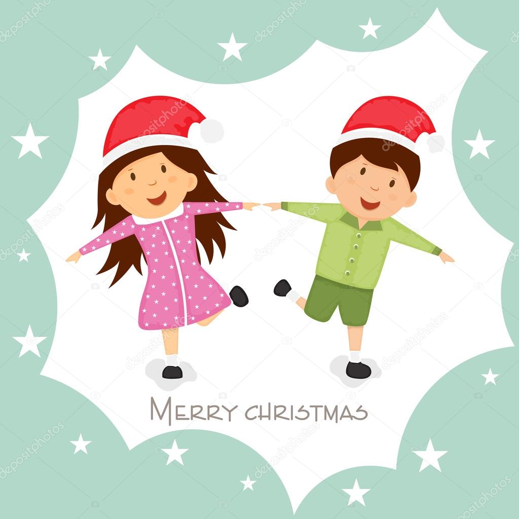 Little cute kids in Santa cap for Merry Christmas celebration on stylish background can be used as greeting card or poster — Wektor od alliesinteract