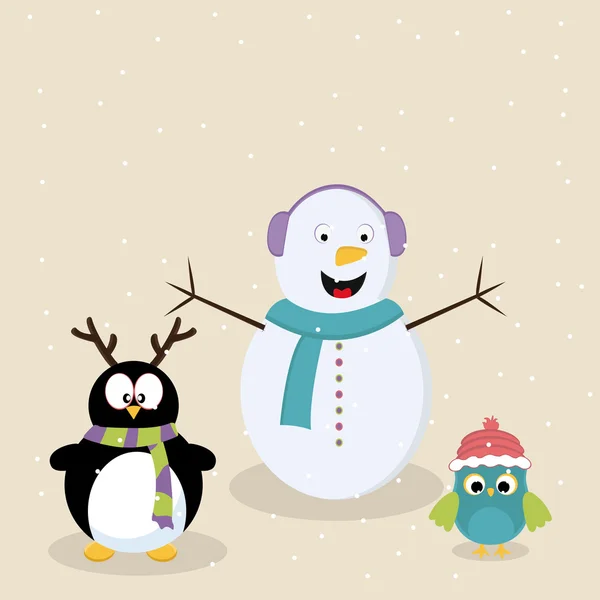 Карикатура на снеговика, пингвина и птицу . — стоковый вектор