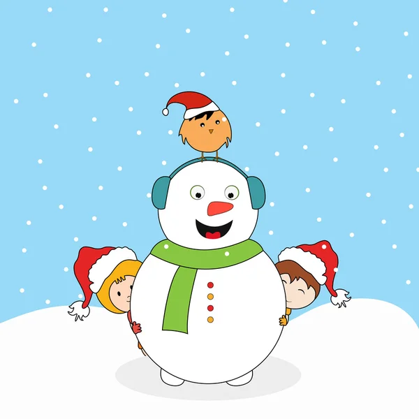 Snowman with little cute kids and love bird for Merry Christmas celebrations. — Stock Vector