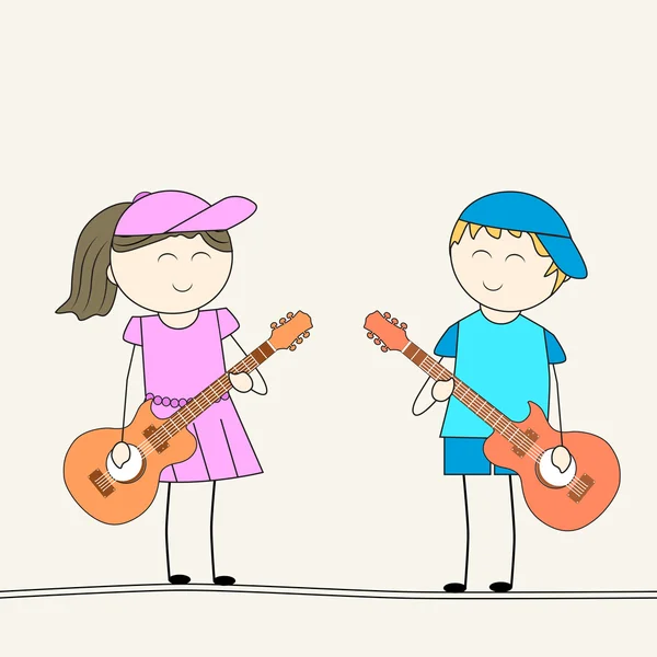 Kleine süße Kinder spielen mit der Gitarre. — Stockvektor