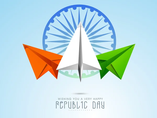 Indian Republic Day viering met papier vliegtuig en ashoka wiel. — Stockvector